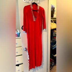 Belly dance costume, red, maxi, with extra scarf to tie around the waist